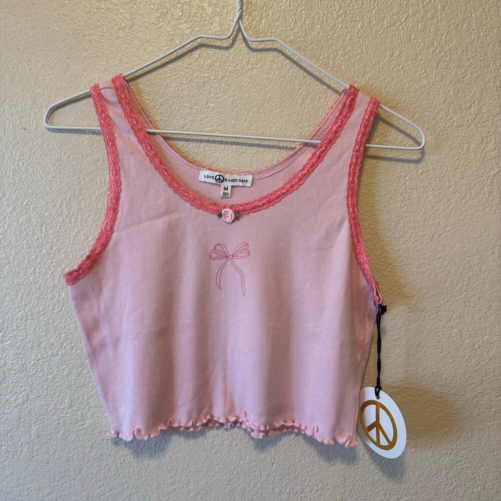 Love & Lazy Days Pink Bow Lace Trim Crop Tank Top Medium NWT